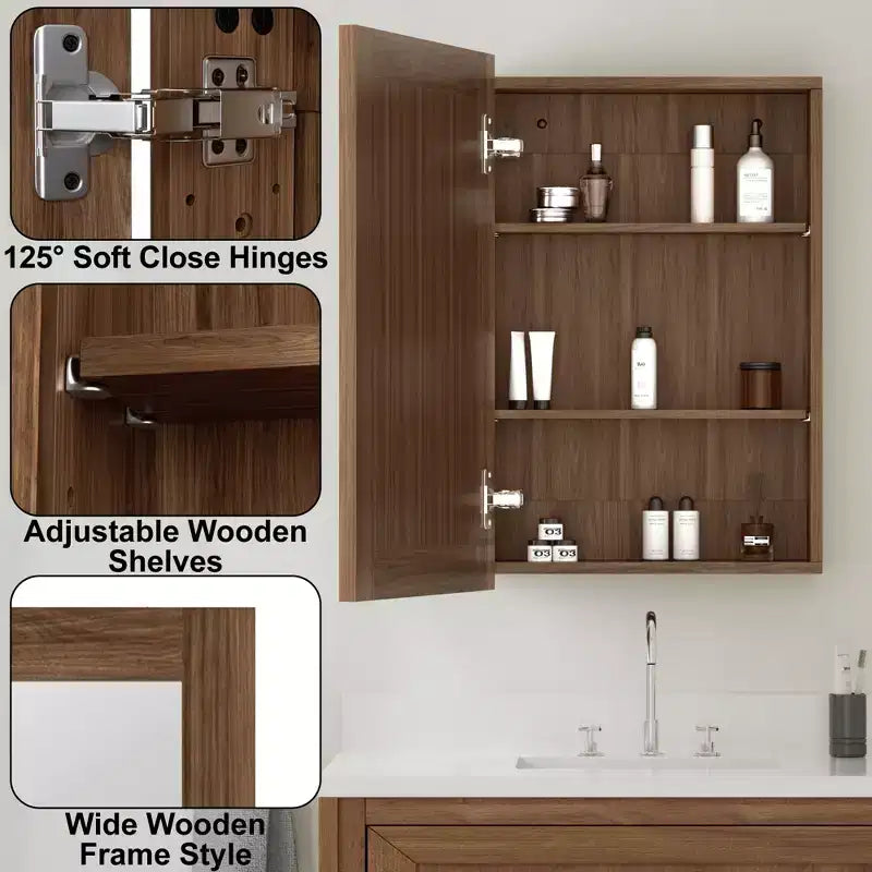 Specchio da bagno con armadietto contenitore, mobiletto da parete in legno con specchio e ripiani interni regolabili