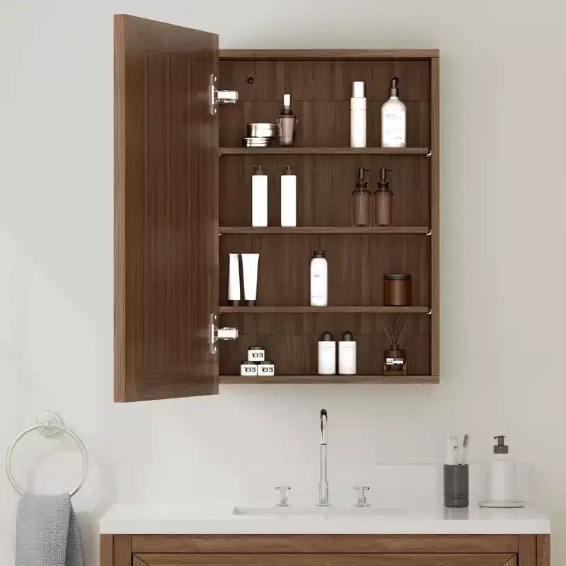 Specchio da bagno con armadietto contenitore, mobiletto da parete in legno con specchio e ripiani interni regolabili