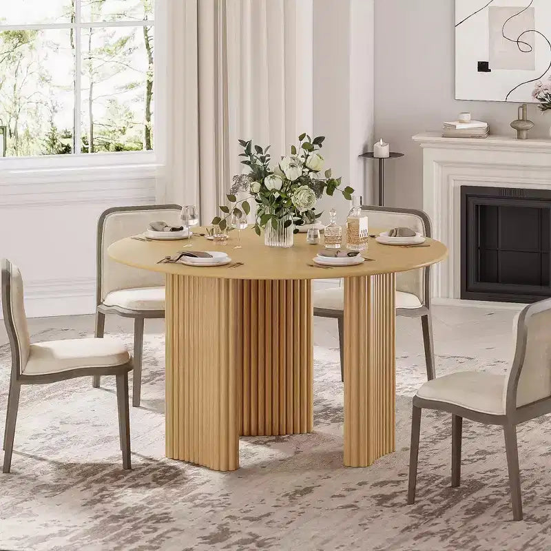 Tavolo da Pranzo Rotondo da 46 pollici per 4 Persone, Top con Bordo ad Arco e Gambe a Piedistallo Scanalate, per Soggiorno, Sala da Pranzo, Caffetteria, Ufficio, Colore Naturale