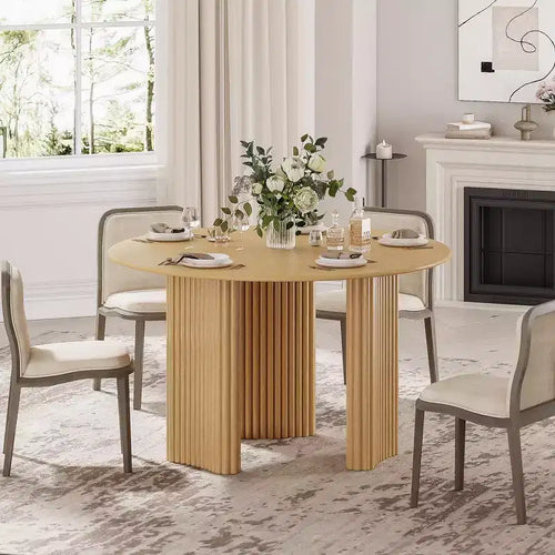 Tavolo da Pranzo Rotondo da 46 pollici per 4 Persone, Top con Bordo ad Arco e Gambe a Piedistallo Scanalate, per Soggiorno, Sala da Pranzo, Caffetteria, Ufficio, Colore Naturale