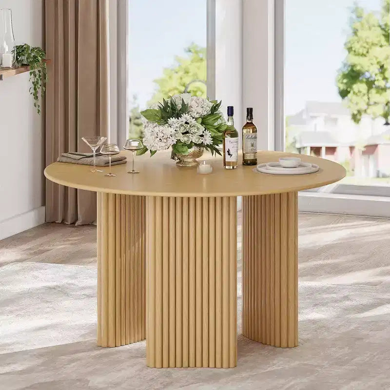 Tavolo da Pranzo Rotondo da 46 pollici per 4 Persone, Top con Bordo ad Arco e Gambe a Piedistallo Scanalate, per Soggiorno, Sala da Pranzo, Caffetteria, Ufficio, Colore Naturale