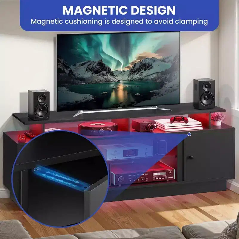Mobile TV Moderno per Televisori da 65/75 Pollici, Mobile Porta TV con Luci LED e Credenze, Divisorio Rimovibile, Consolle TV per Soggiorno, Nero