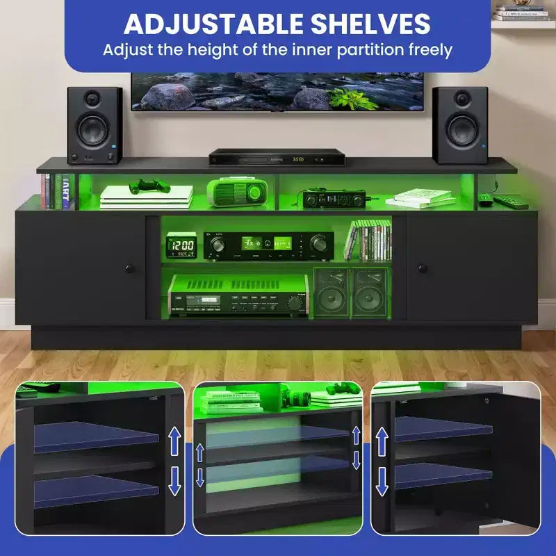 Mobile TV Moderno per Televisori da 65/75 Pollici, Mobile Porta TV con Luci LED e Credenze, Divisorio Rimovibile, Consolle TV per Soggiorno, Nero