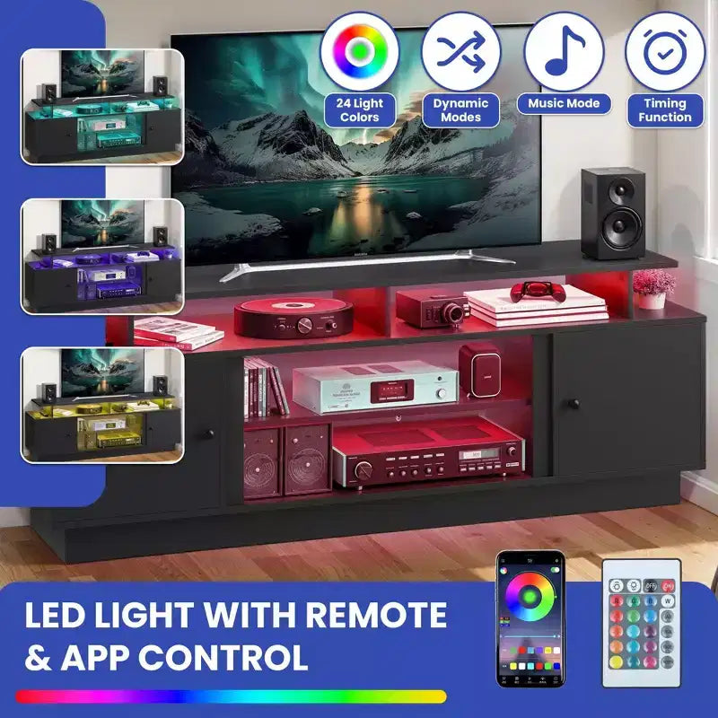 Mobile TV Moderno per Televisori da 65/75 Pollici, Mobile Porta TV con Luci LED e Credenze, Divisorio Rimovibile, Consolle TV per Soggiorno, Nero