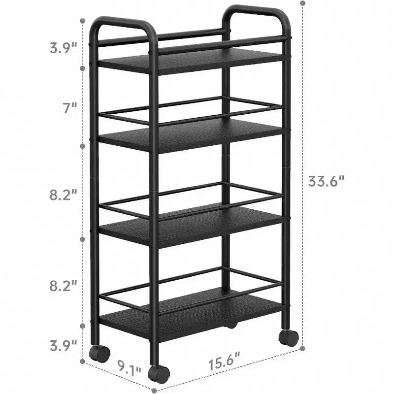 Carrello Portaoggetti Slim a 4 Ripiani in Metallo e Legno, Carrello da Bagno Salvaspazio, Carrello Utensili Stretto Nero su Ruote per Cucina Lavanderia