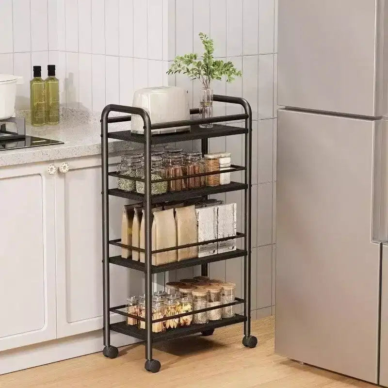 Carrello Portaoggetti Slim a 4 Ripiani in Metallo e Legno, Carrello da Bagno Salvaspazio, Carrello Utensili Stretto Nero su Ruote per Cucina Lavanderia