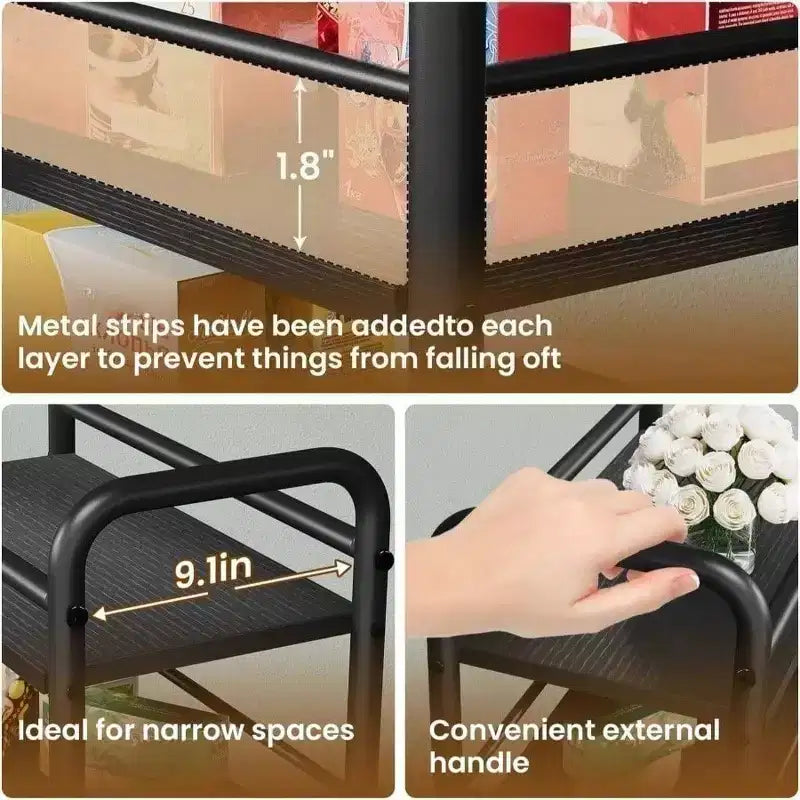 Carrello Portaoggetti Slim a 4 Ripiani in Metallo e Legno, Carrello da Bagno Salvaspazio, Carrello Utensili Stretto Nero su Ruote per Cucina Lavanderia