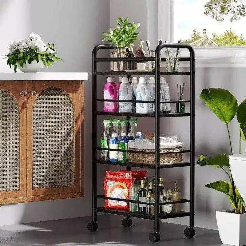 Carrello Portaoggetti Slim a 4 Ripiani in Metallo e Legno, Carrello da Bagno Salvaspazio, Carrello Utensili Stretto Nero su Ruote per Cucina Lavanderia