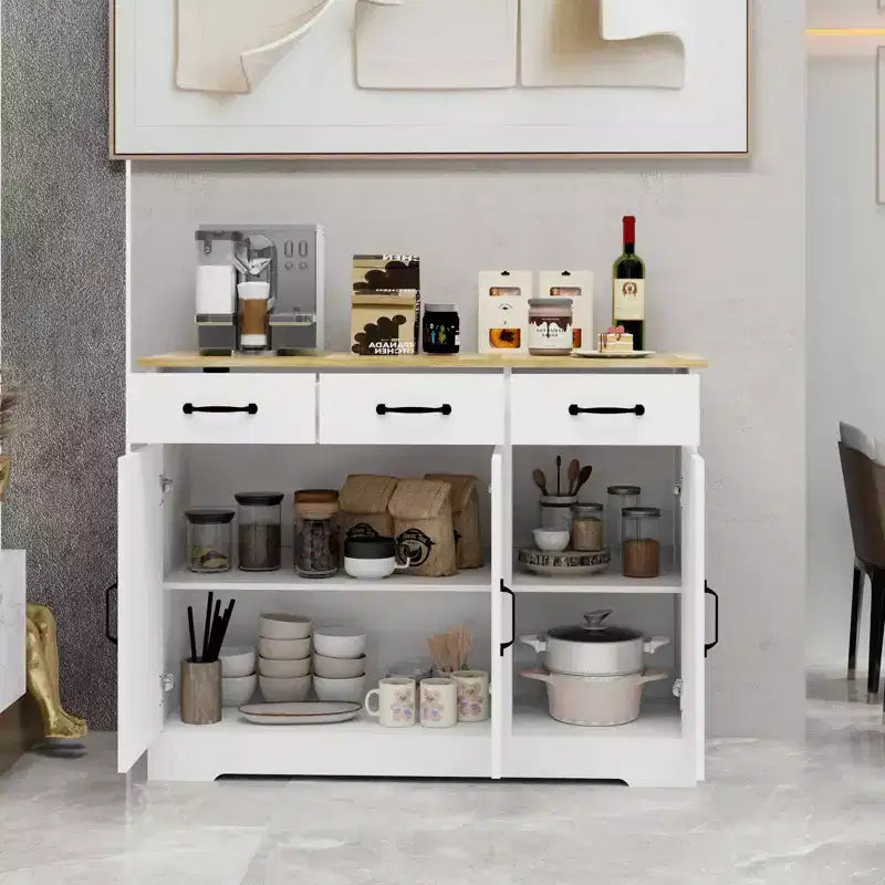 Credenza da Buffet Bianca in Stile Rustico, Mobile Contenitore a 3 Cassetti e 3 Ante per Sala da Pranzo