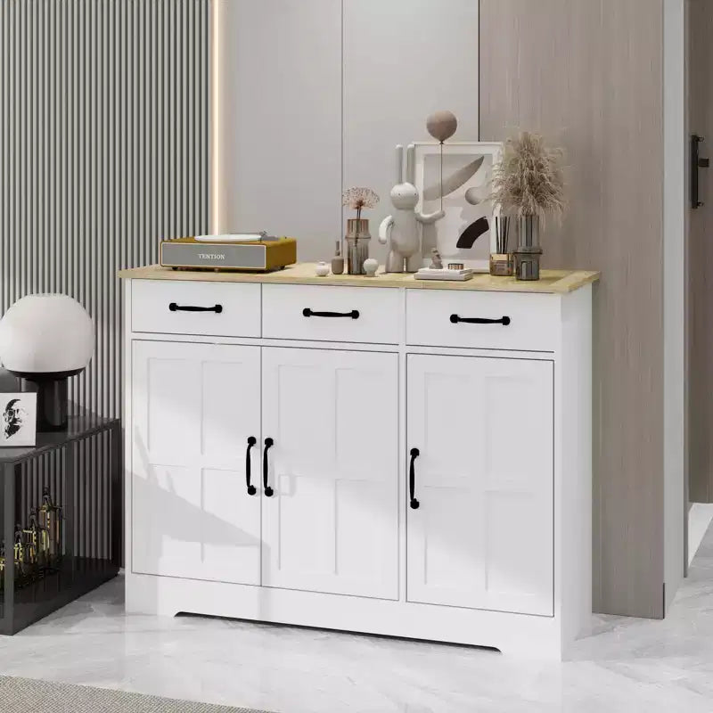 Credenza da Buffet Bianca in Stile Rustico, Mobile Contenitore a 3 Cassetti e 3 Ante per Sala da Pranzo