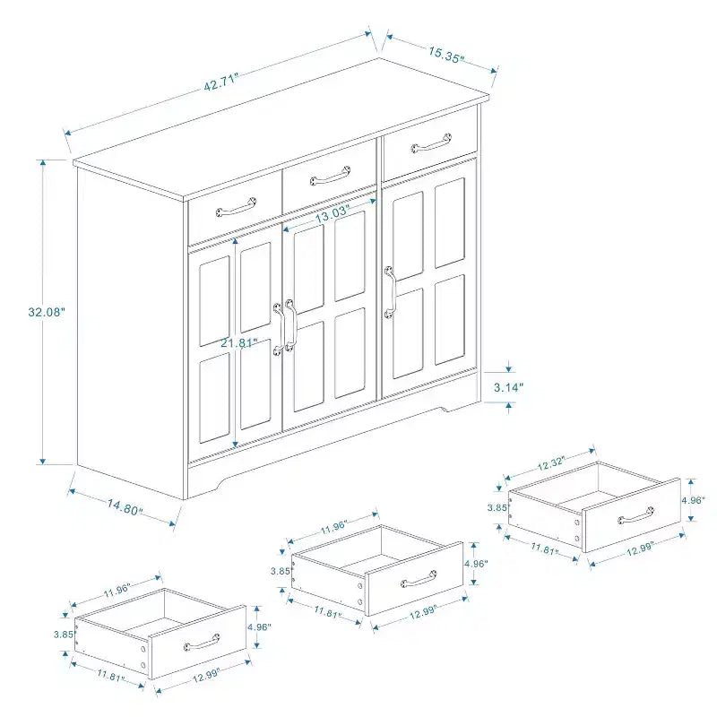 Credenza da Buffet Bianca in Stile Rustico, Mobile Contenitore a 3 Cassetti e 3 Ante per Sala da Pranzo