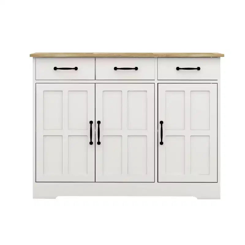 Credenza da Buffet Bianca in Stile Rustico, Mobile Contenitore a 3 Cassetti e 3 Ante per Sala da Pranzo