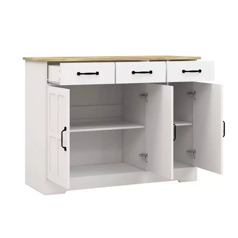 Credenza da Buffet Bianca in Stile Rustico, Mobile Contenitore a 3 Cassetti e 3 Ante per Sala da Pranzo