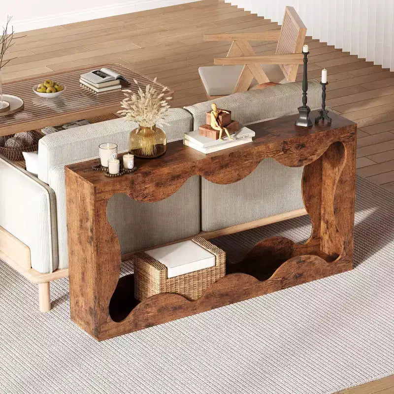 Consolle da fattoria smerlata 63 per ingresso, tavolo stretto in legno dietro al divano con contenitore, mobili rustici per soggiorni e appartamenti