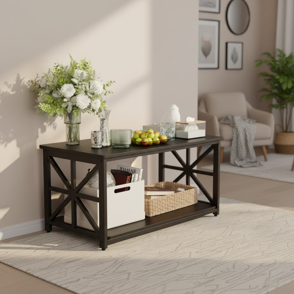 Two-tier coffee table, rustic wooden table with rectangular storage compartment, suitable for the living room