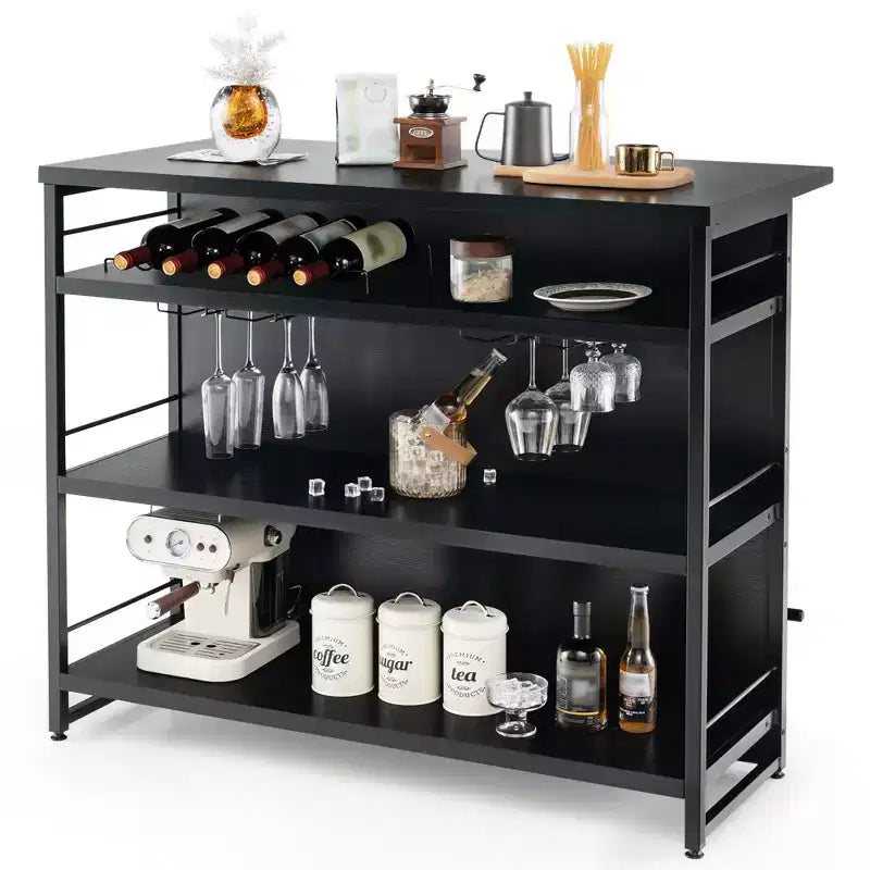 Tavolo da Bar con Isola per Cucina Industriale, Scaffale a 4 Ripiani, Porta Bicchieri, Nero/Marrone Rustico