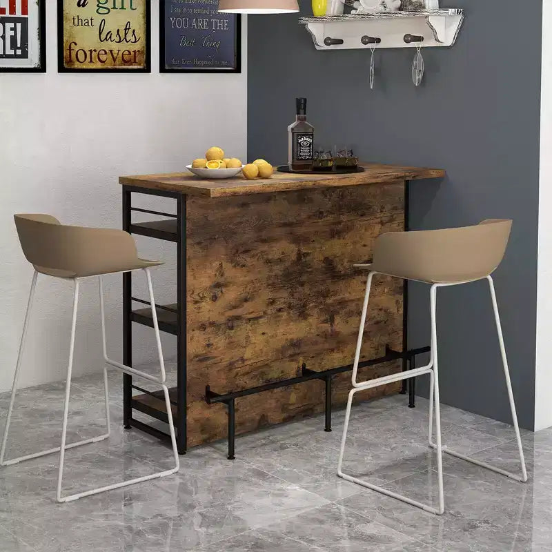 Tavolo da Bar con Isola per Cucina Industriale, Scaffale a 4 Ripiani, Porta Bicchieri, Nero/Marrone Rustico