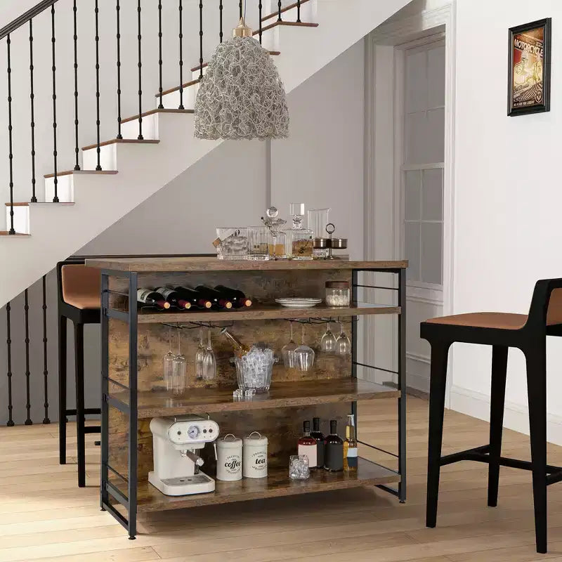Tavolo da Bar con Isola per Cucina Industriale, Scaffale a 4 Ripiani, Porta Bicchieri, Nero/Marrone Rustico