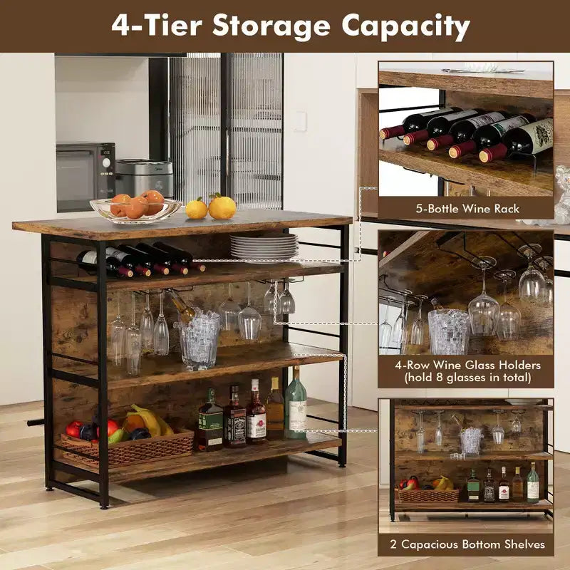 Tavolo da Bar con Isola per Cucina Industriale, Scaffale a 4 Ripiani, Porta Bicchieri, Nero/Marrone Rustico