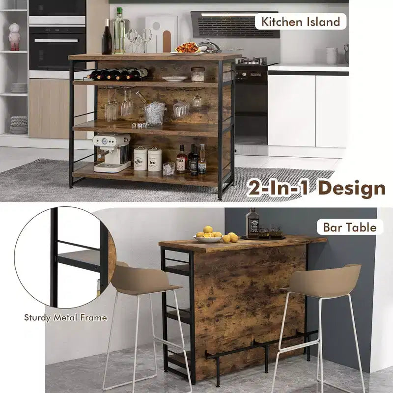 Tavolo da Bar con Isola per Cucina Industriale, Scaffale a 4 Ripiani, Porta Bicchieri, Nero/Marrone Rustico