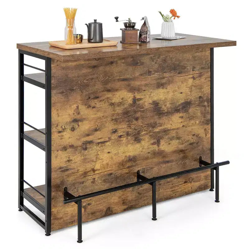 Tavolo da Bar con Isola per Cucina Industriale, Scaffale a 4 Ripiani, Porta Bicchieri, Nero/Marrone Rustico