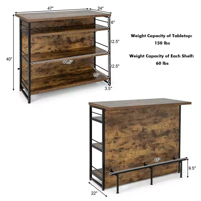 Tavolo da Bar con Isola per Cucina Industriale, Scaffale a 4 Ripiani, Porta Bicchieri, Nero/Marrone Rustico