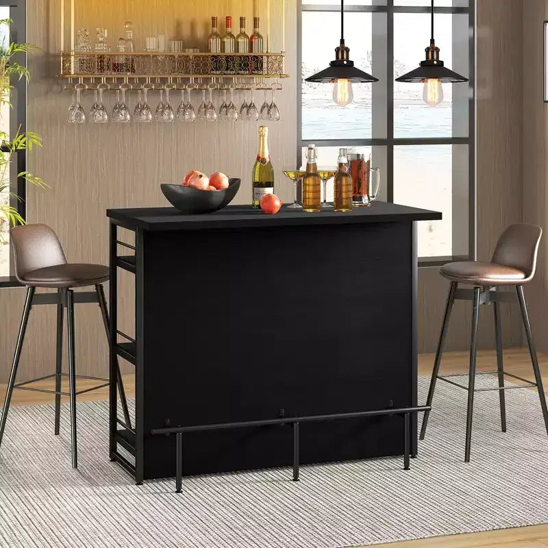 Tavolo da Bar con Isola per Cucina Industriale, Scaffale a 4 Ripiani, Porta Bicchieri, Nero/Marrone Rustico
