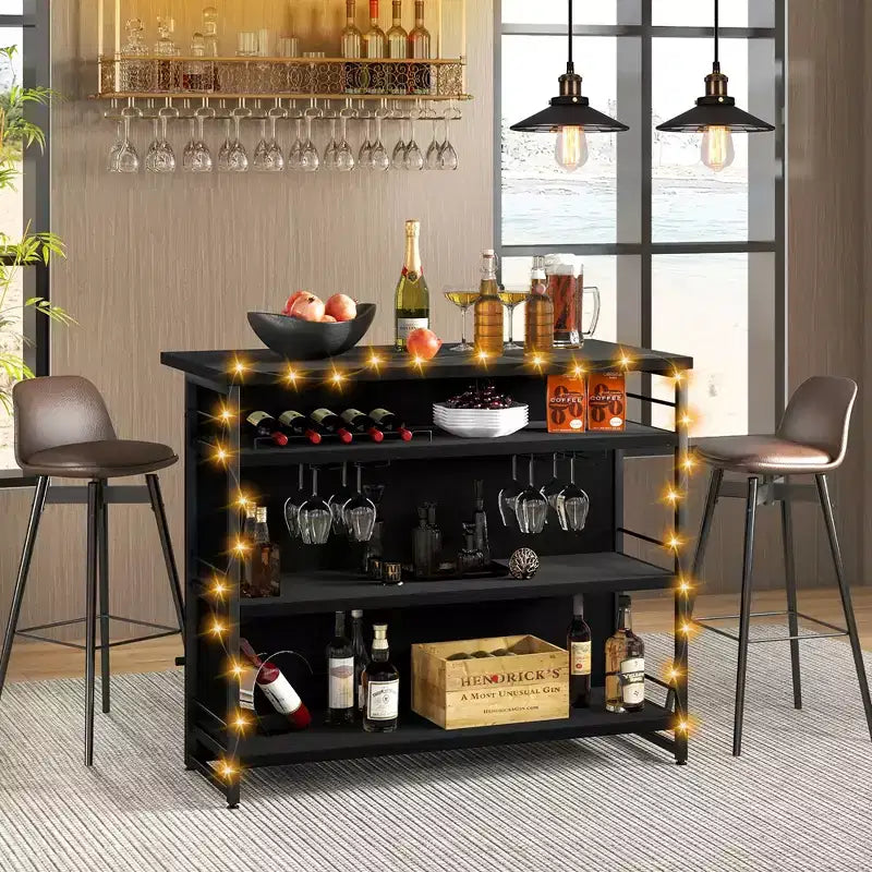 Tavolo da Bar con Isola per Cucina Industriale, Scaffale a 4 Ripiani, Porta Bicchieri, Nero/Marrone Rustico