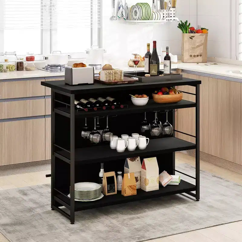 Tavolo da Bar con Isola per Cucina Industriale, Scaffale a 4 Ripiani, Porta Bicchieri, Nero/Marrone Rustico