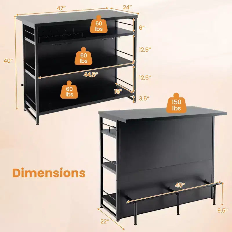 Tavolo da Bar con Isola per Cucina Industriale, Scaffale a 4 Ripiani, Porta Bicchieri, Nero/Marrone Rustico