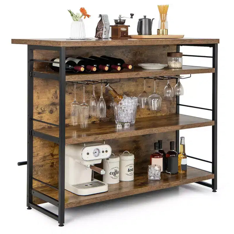 Tavolo da Bar con Isola per Cucina Industriale, Scaffale a 4 Ripiani, Porta Bicchieri, Nero/Marrone Rustico