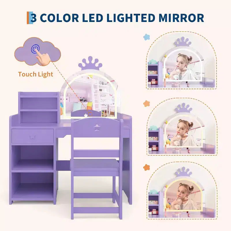 Set toilette 2 in 1 per bambini con sgabello, specchio regolabile e contenitore, scrivania trucco da gioco per bambini piccoli e bambine, facile da montare, design sicuro