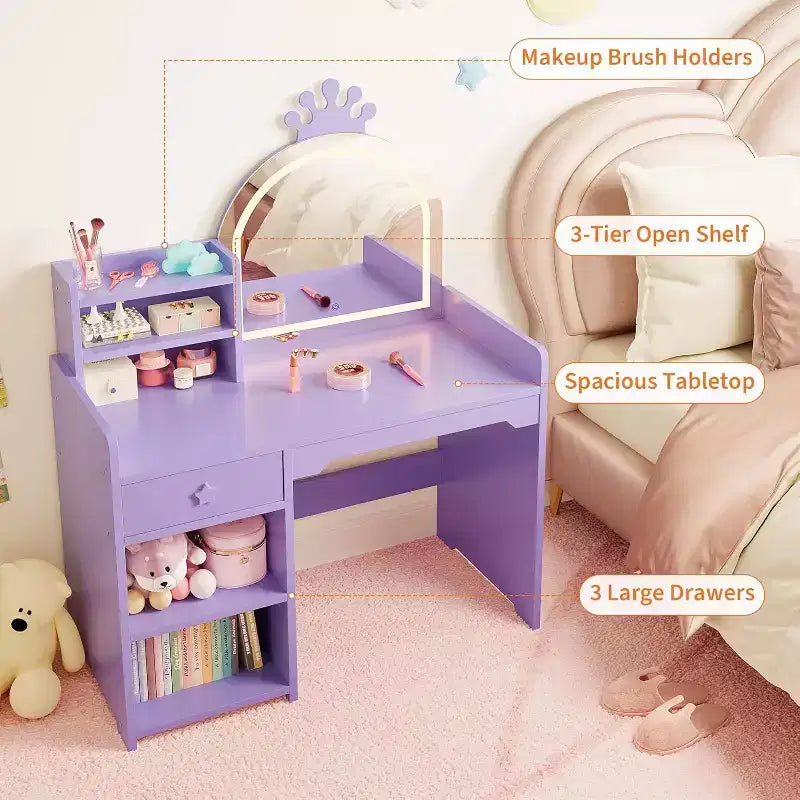 Set toilette 2 in 1 per bambini con sgabello, specchio regolabile e contenitore, scrivania trucco da gioco per bambini piccoli e bambine, facile da montare, design sicuro