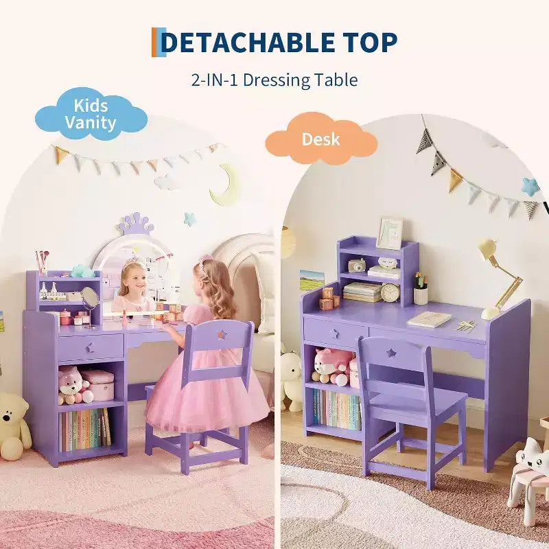 Set toilette 2 in 1 per bambini con sgabello, specchio regolabile e contenitore, scrivania trucco da gioco per bambini piccoli e bambine, facile da montare, design sicuro