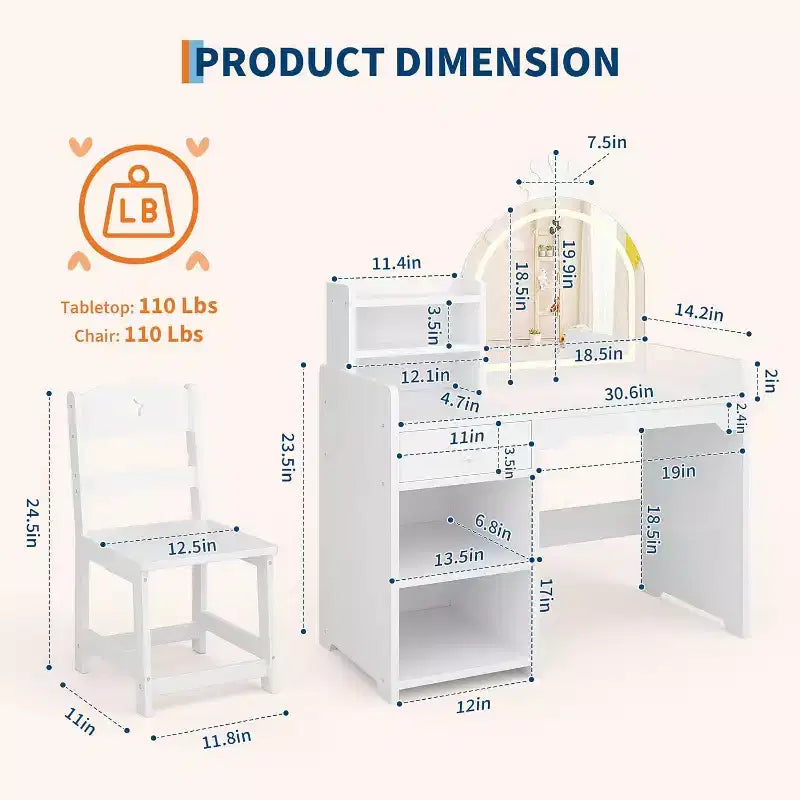Set toilette 2 in 1 per bambini con sgabello, specchio regolabile e contenitore, scrivania trucco da gioco per bambini piccoli e bambine, facile da montare, design sicuro