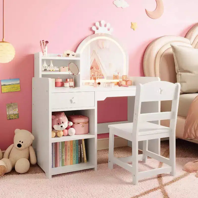Set toilette 2 in 1 per bambini con sgabello, specchio regolabile e contenitore, scrivania trucco da gioco per bambini piccoli e bambine, facile da montare, design sicuro