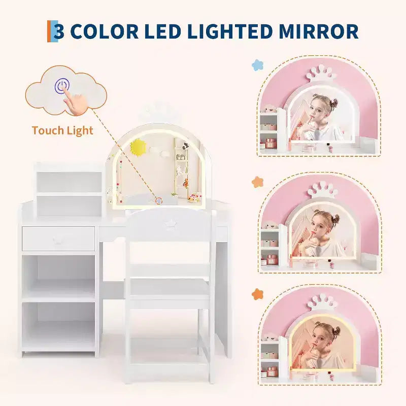 Set toilette 2 in 1 per bambini con sgabello, specchio regolabile e contenitore, scrivania trucco da gioco per bambini piccoli e bambine, facile da montare, design sicuro