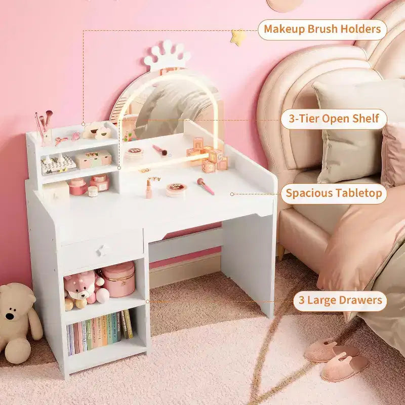 Set toilette 2 in 1 per bambini con sgabello, specchio regolabile e contenitore, scrivania trucco da gioco per bambini piccoli e bambine, facile da montare, design sicuro