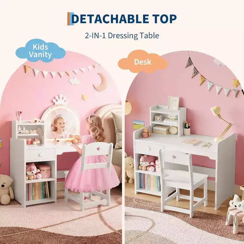 Set toilette 2 in 1 per bambini con sgabello, specchio regolabile e contenitore, scrivania trucco da gioco per bambini piccoli e bambine, facile da montare, design sicuro