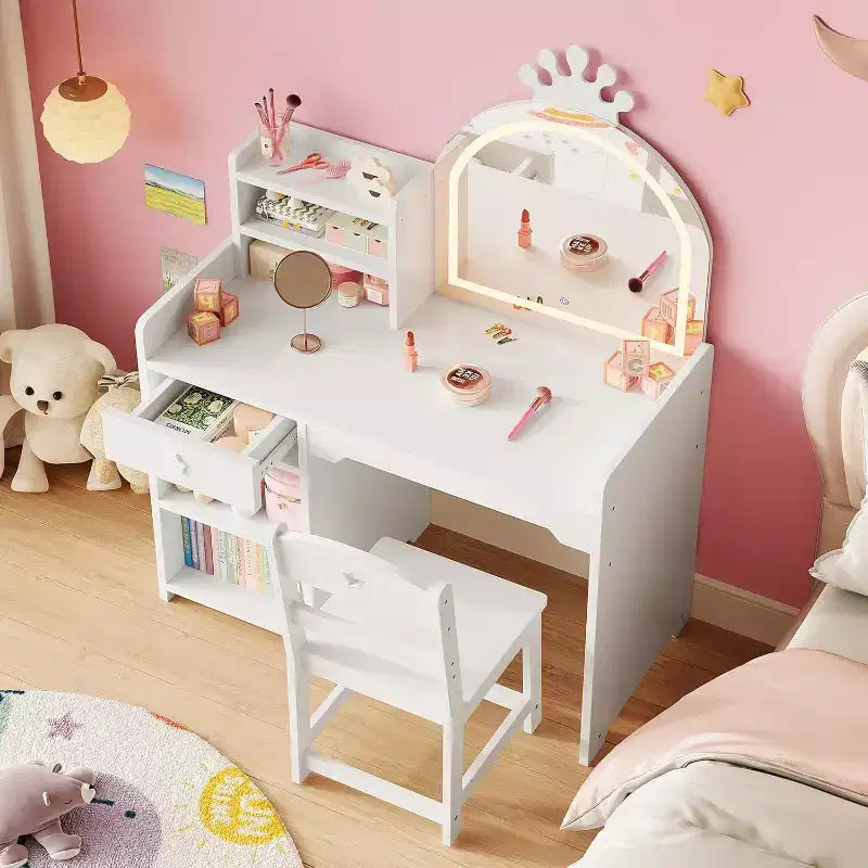 Set toilette 2 in 1 per bambini con sgabello, specchio regolabile e contenitore, scrivania trucco da gioco per bambini piccoli e bambine, facile da montare, design sicuro