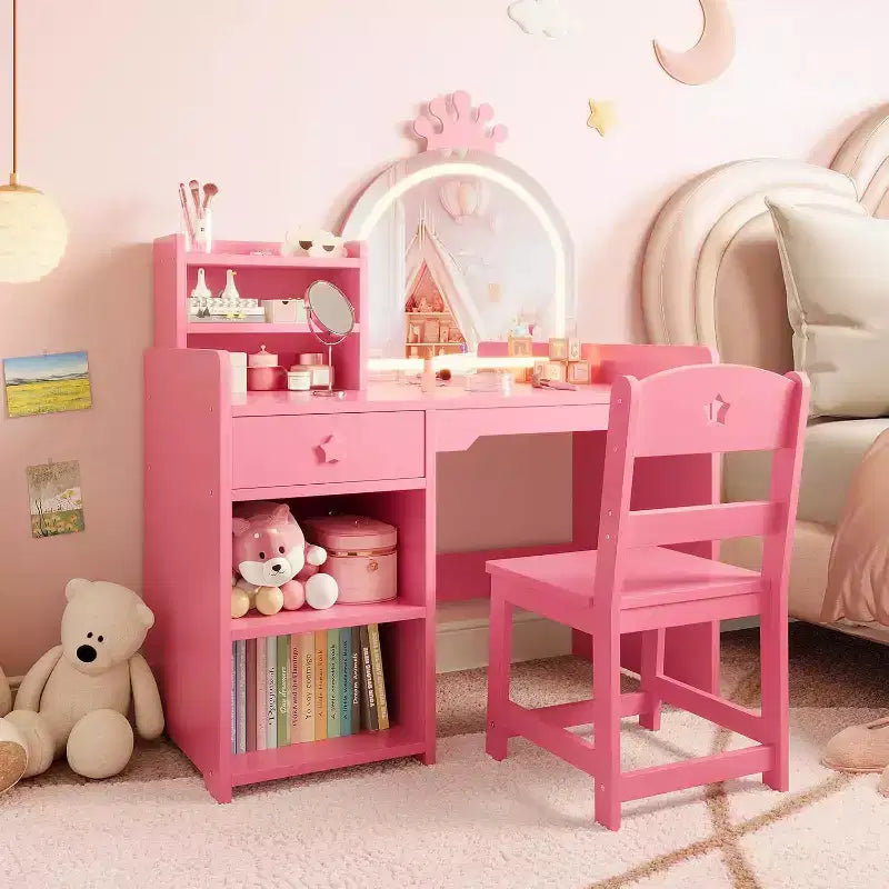 Set toilette 2 in 1 per bambini con sgabello, specchio regolabile e contenitore, scrivania trucco da gioco per bambini piccoli e bambine, facile da montare, design sicuro