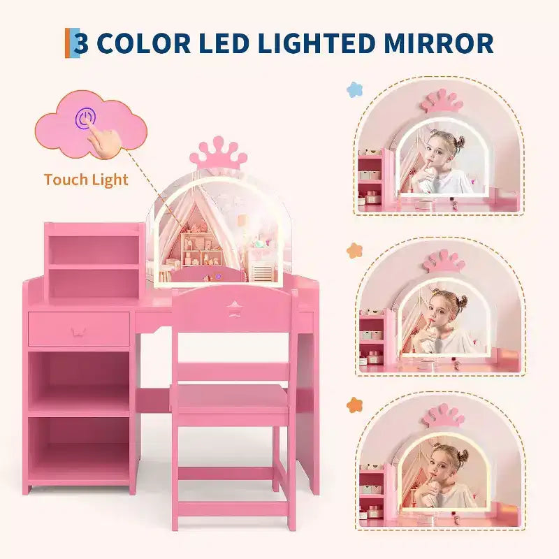 Set toilette 2 in 1 per bambini con sgabello, specchio regolabile e contenitore, scrivania trucco da gioco per bambini piccoli e bambine, facile da montare, design sicuro