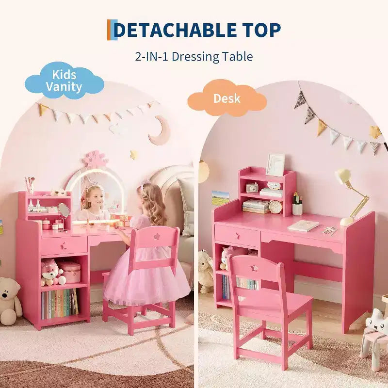 Set toilette 2 in 1 per bambini con sgabello, specchio regolabile e contenitore, scrivania trucco da gioco per bambini piccoli e bambine, facile da montare, design sicuro