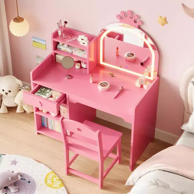 Set toilette 2 in 1 per bambini con sgabello, specchio regolabile e contenitore, scrivania trucco da gioco per bambini piccoli e bambine, facile da montare, design sicuro