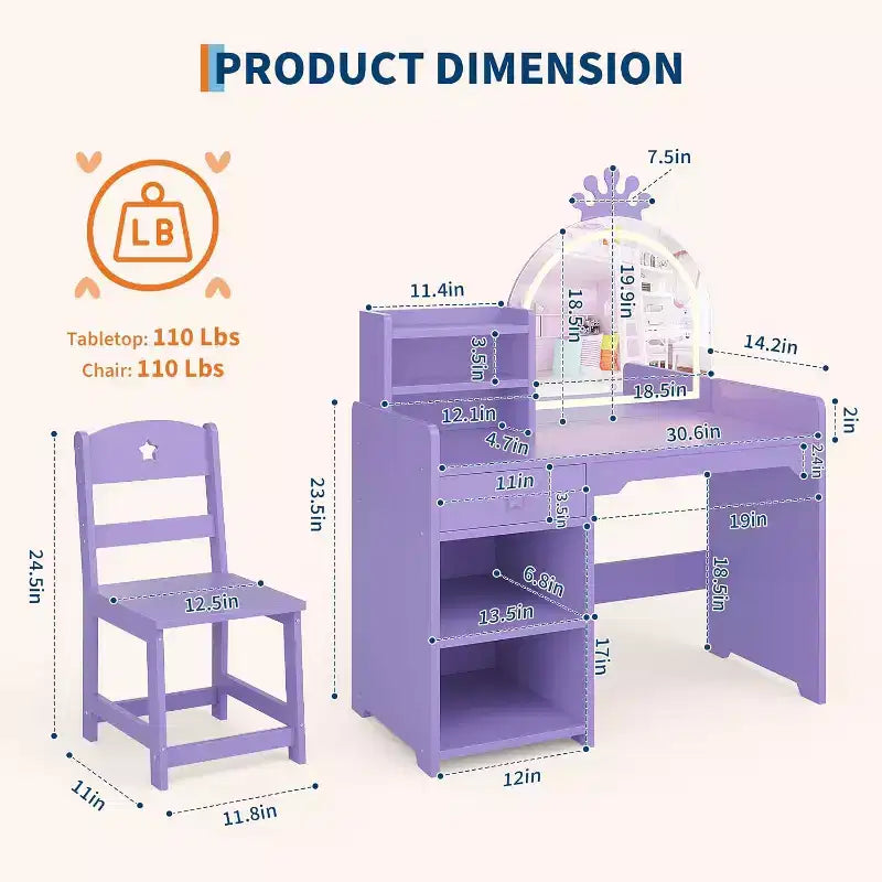 Set toilette 2 in 1 per bambini con sgabello, specchio regolabile e contenitore, scrivania trucco da gioco per bambini piccoli e bambine, facile da montare, design sicuro