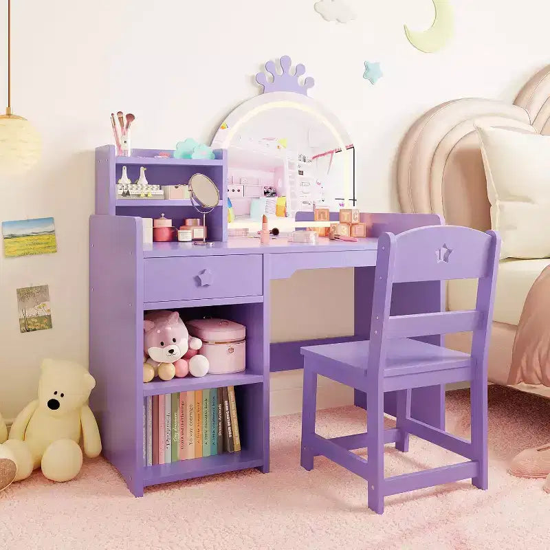 Set toilette 2 in 1 per bambini con sgabello, specchio regolabile e contenitore, scrivania trucco da gioco per bambini piccoli e bambine, facile da montare, design sicuro