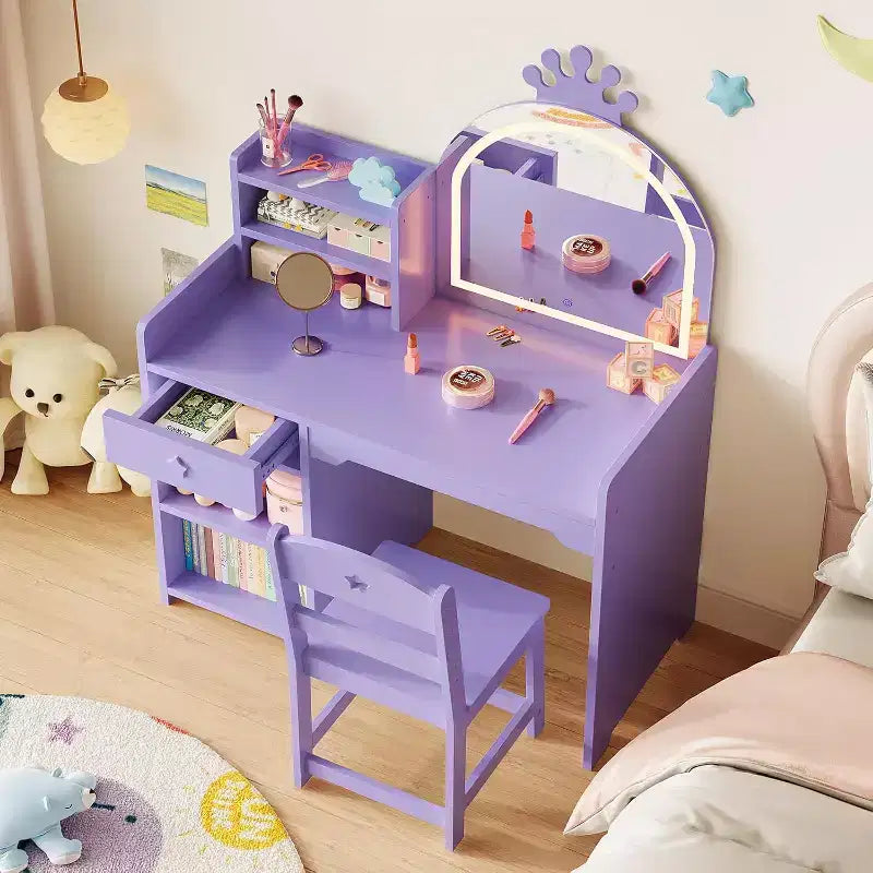 Set toilette 2 in 1 per bambini con sgabello, specchio regolabile e contenitore, scrivania trucco da gioco per bambini piccoli e bambine, facile da montare, design sicuro