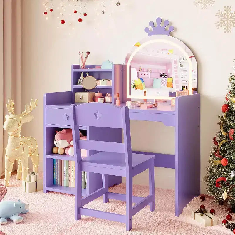 Set toilette 2 in 1 per bambini con sgabello, specchio regolabile e contenitore, scrivania trucco da gioco per bambini piccoli e bambine, facile da montare, design sicuro