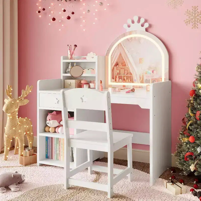 Set toilette 2 in 1 per bambini con sgabello, specchio regolabile e contenitore, scrivania trucco da gioco per bambini piccoli e bambine, facile da montare, design sicuro