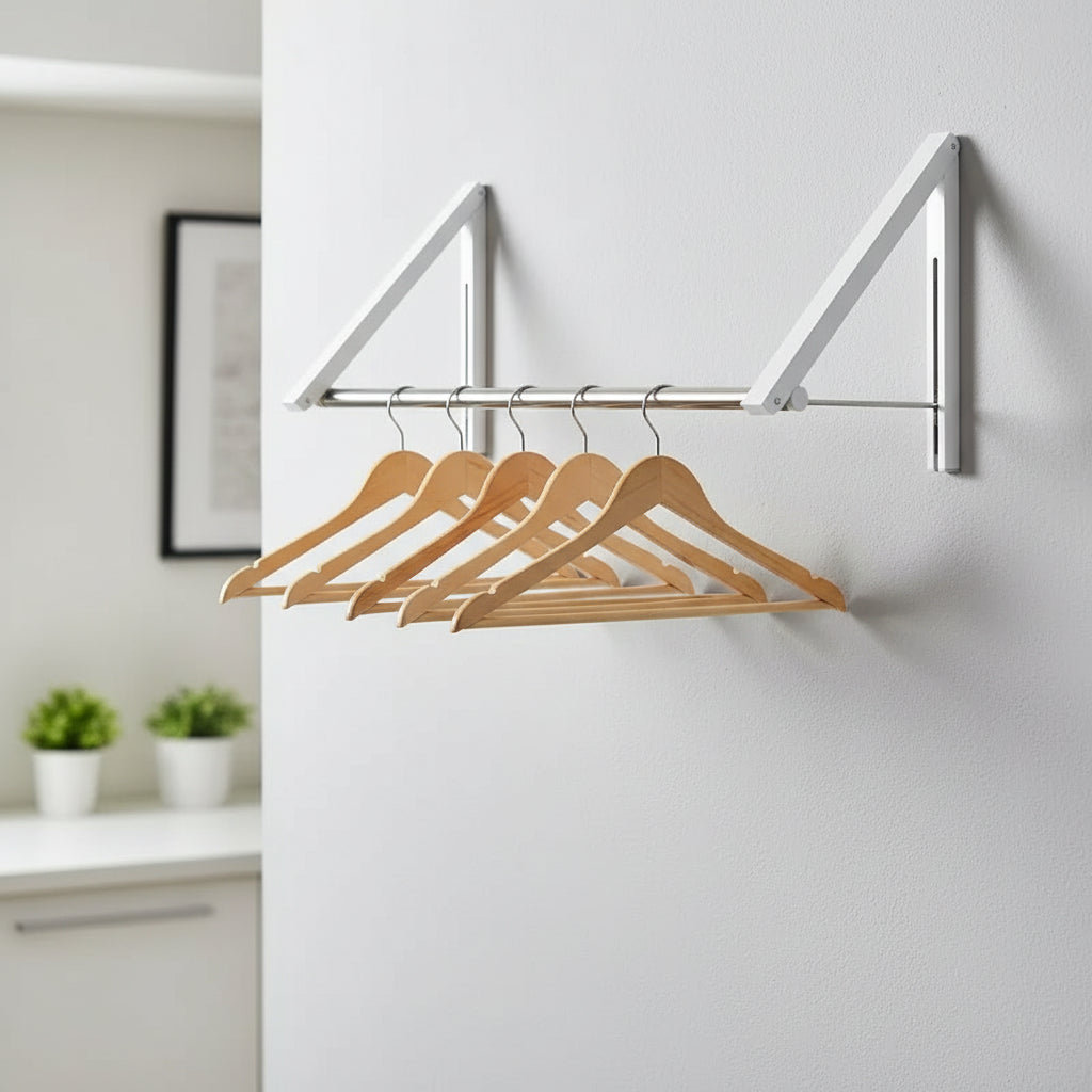 Wall-Mounted Retractable Double Foldable Clothing Rack w/ Extension Rod (White)